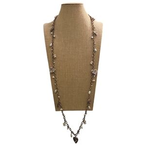 Coldwater Creek Heart Pearl Charm Silvertone Pullover Long Necklace 38"